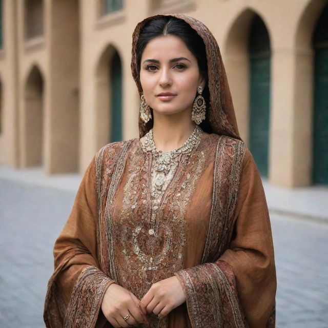 A sophisticated and wealthy Afghan woman, deeply immersed in European culture, expressing her love for development, finance, and freedom in her stylish attire and confident demeanor.