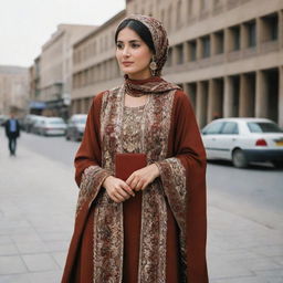 A sophisticated and wealthy Afghan woman, deeply immersed in European culture, expressing her love for development, finance, and freedom in her stylish attire and confident demeanor.