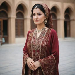 A sophisticated and wealthy Afghan woman, deeply immersed in European culture, expressing her love for development, finance, and freedom in her stylish attire and confident demeanor.