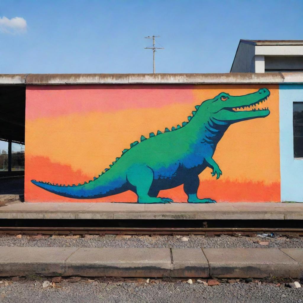 A stark graffiti silhouette of a crocodile set against the backdrop of a simple, minimalistic train station colored in primarily plain, vivid colors.