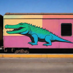 A stark graffiti silhouette of a crocodile set against the backdrop of a simple, minimalistic train station colored in primarily plain, vivid colors.