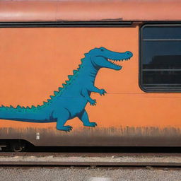 A stark graffiti silhouette of a crocodile set against the backdrop of a simple, minimalistic train station colored in primarily plain, vivid colors.