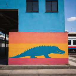 A stark graffiti silhouette of a crocodile set against the backdrop of a simple, minimalistic train station colored in primarily plain, vivid colors.