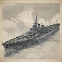 A straightforward drawing of a WWII-era battleship, surrounded by elements of sea cartography and set against a background with diagonal lines.