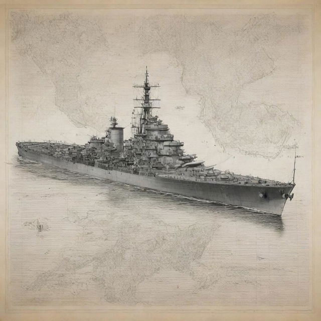 A straightforward drawing of a WWII-era battleship, surrounded by elements of sea cartography and set against a background with diagonal lines.