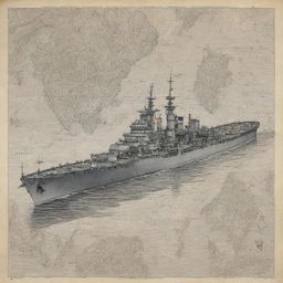 A straightforward drawing of a WWII-era battleship, surrounded by elements of sea cartography and set against a background with diagonal lines.