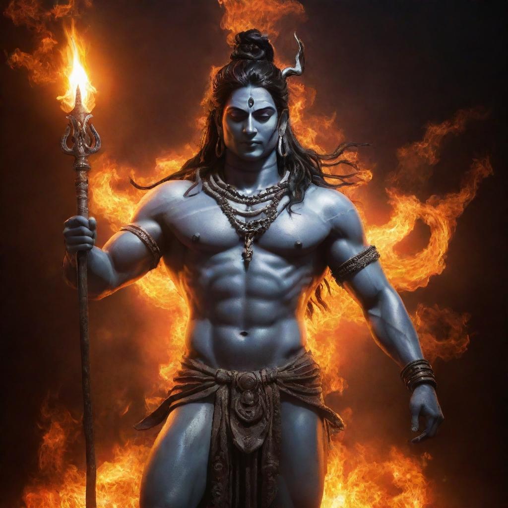 Lord Shiva, the powerful Hindu deity, with a mystic trident in his hand, standing majestically on a background of bright blazing flames.