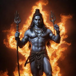 Lord Shiva, the powerful Hindu deity, with a mystic trident in his hand, standing majestically on a background of bright blazing flames.