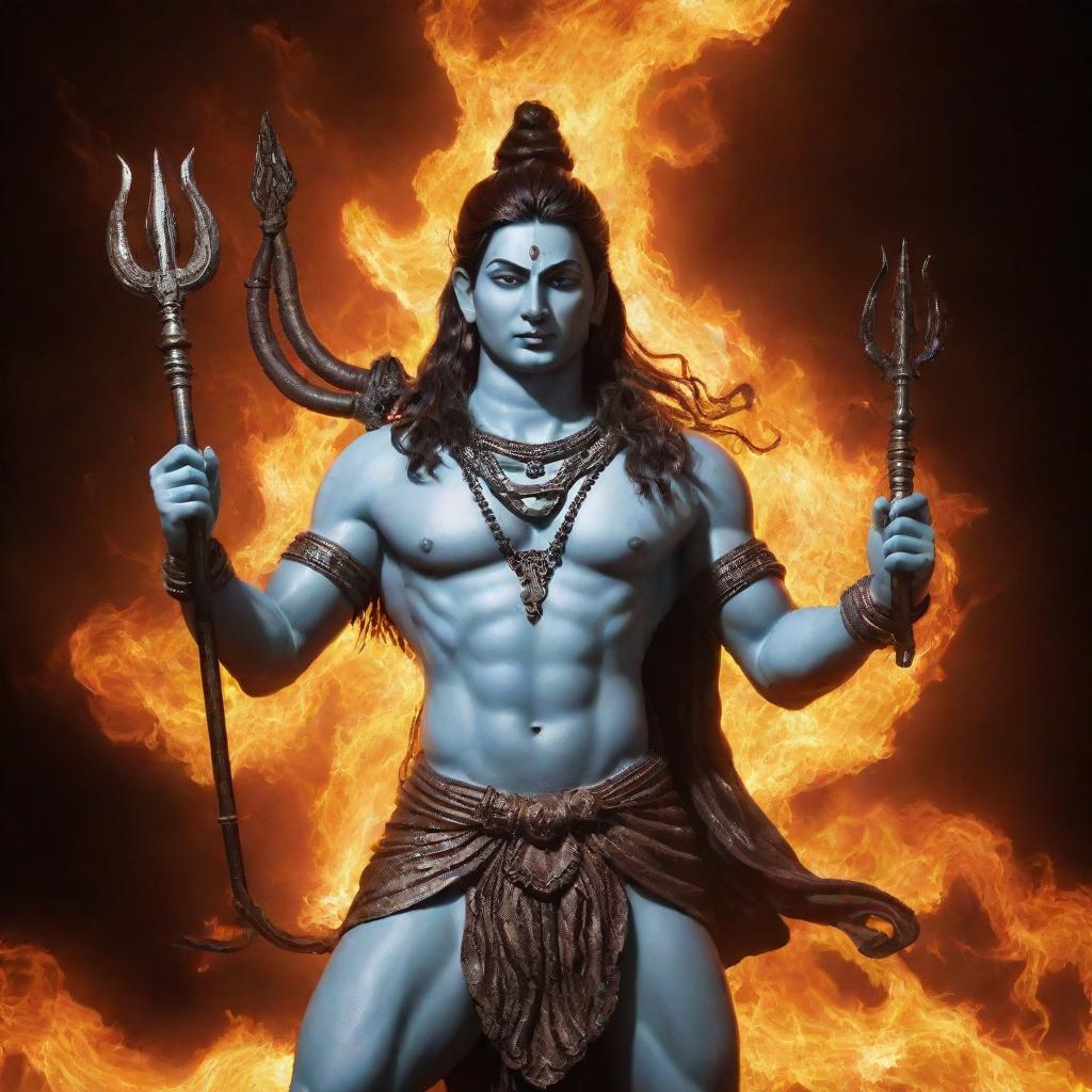 Lord Shiva, the powerful Hindu deity, with a mystic trident in his hand, standing majestically on a background of bright blazing flames.