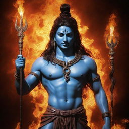 Lord Shiva, the powerful Hindu deity, with a mystic trident in his hand, standing majestically on a background of bright blazing flames.