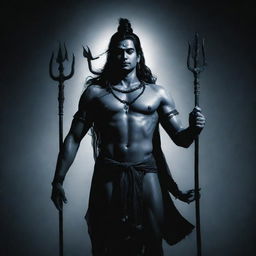 A scene depicting Lord Shiva, stern and calm, holding a trident and facing a shadowy, enigmatic entity that stands out in stark contrast.