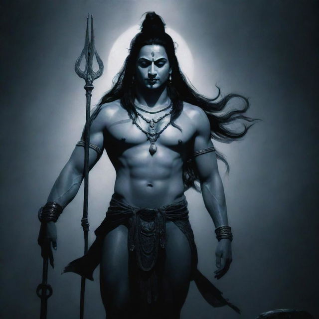 A scene depicting Lord Shiva, stern and calm, holding a trident and facing a shadowy, enigmatic entity that stands out in stark contrast.