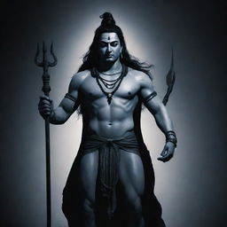 A scene depicting Lord Shiva, stern and calm, holding a trident and facing a shadowy, enigmatic entity that stands out in stark contrast.