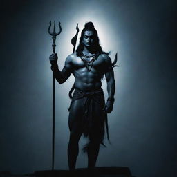 A scene depicting Lord Shiva, stern and calm, holding a trident and facing a shadowy, enigmatic entity that stands out in stark contrast.