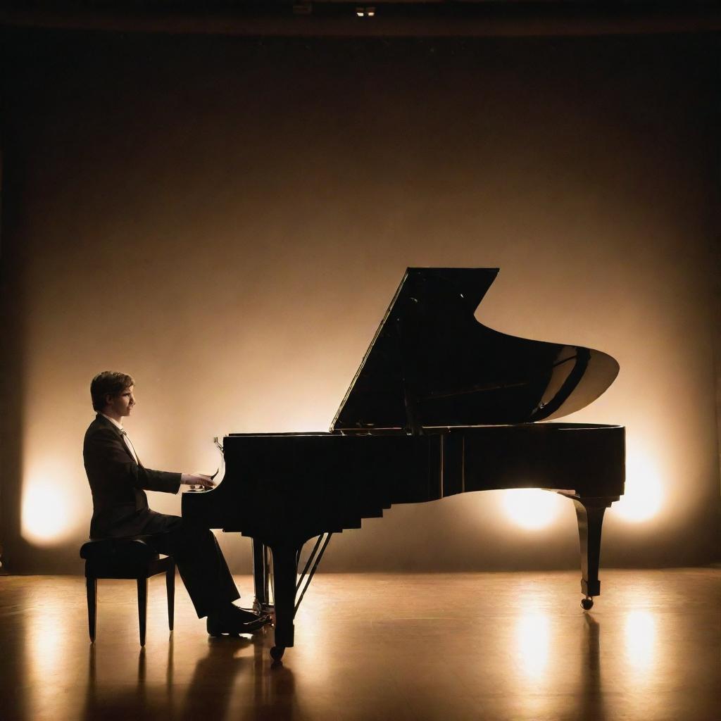 An accomplished pianist immersed in playing a grand piano on a beautifully lit stage