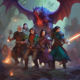 An intricate digital art piece featuring a vibrant Dungeons & Dragons scene