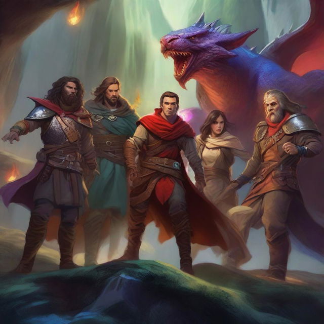 An intricate digital art piece featuring a vibrant Dungeons & Dragons scene