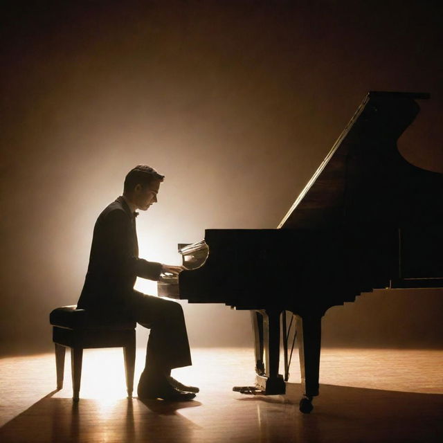 An accomplished pianist immersed in playing a grand piano on a beautifully lit stage