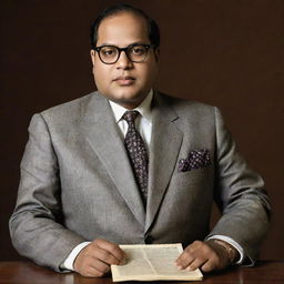 Ambedkar, wearing a sophisticated suit, holding the Indian constitution reverently with a quote about secularism artistically overlaid.