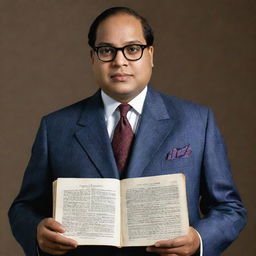 Ambedkar, wearing a sophisticated suit, holding the Indian constitution reverently with a quote about secularism artistically overlaid.