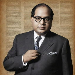 Ambedkar, wearing a sophisticated suit, holding the Indian constitution reverently with a quote about secularism artistically overlaid.