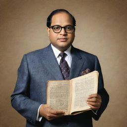 Ambedkar, wearing a sophisticated suit, holding the Indian constitution reverently with a quote about secularism artistically overlaid.