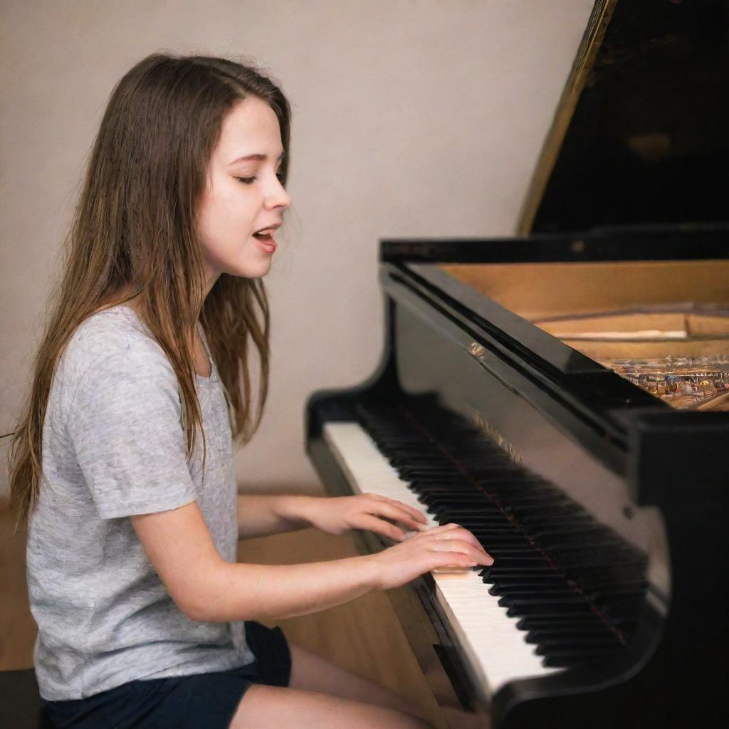 A girl passionately playing a grand piano, lost in the music she's creating