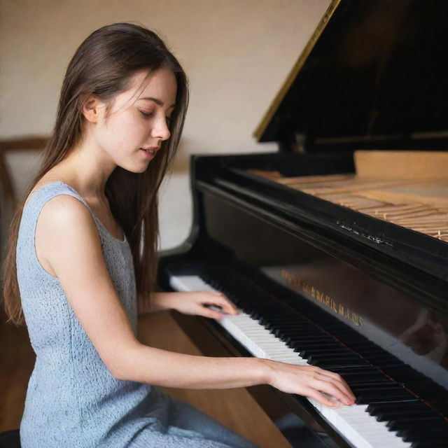 A girl passionately playing a grand piano, lost in the music she's creating