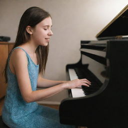 A girl passionately playing a grand piano, lost in the music she's creating