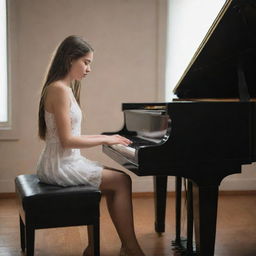 A girl passionately playing a grand piano, lost in the music she's creating