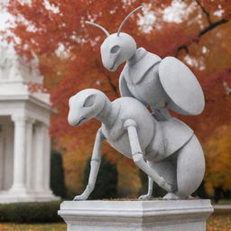 A white marble statue in the form of an ant topped by a medieval knight, centrally located in an autumn park. Create a striking contrast with the statue's white tone against a backdrop in red, orange, brown, and black.