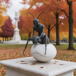 A white marble statue in the form of an ant topped by a medieval knight, centrally located in an autumn park. Create a striking contrast with the statue's white tone against a backdrop in red, orange, brown, and black.