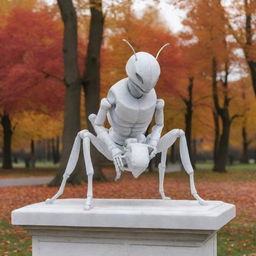 A white marble statue in the form of an ant topped by a medieval knight, centrally located in an autumn park. Create a striking contrast with the statue's white tone against a backdrop in red, orange, brown, and black.