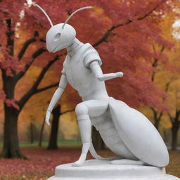 A white marble statue in the form of an ant topped by a medieval knight, centrally located in an autumn park. Create a striking contrast with the statue's white tone against a backdrop in red, orange, brown, and black.