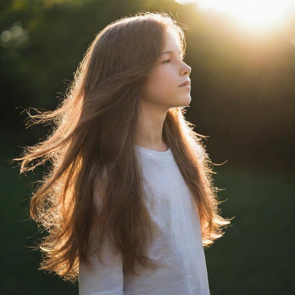 A boy with beautiful, long, flowing hair, catching the sunlight.