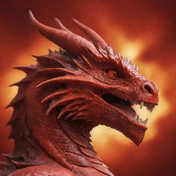 A potent red dragon face in profile against a fiery red background exuding strong positive energy.