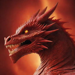 A potent red dragon face in profile against a fiery red background exuding strong positive energy.