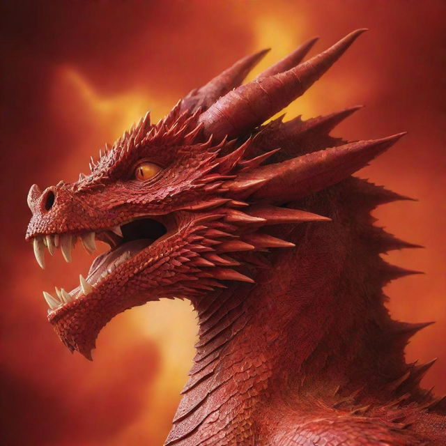 A potent red dragon face in profile against a fiery red background exuding strong positive energy.