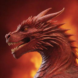 A potent red dragon face in profile against a fiery red background exuding strong positive energy.