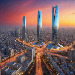 Futuristic cityscape of Iran in the year 2999, with high-tech skyscrapers, futuristic transportation, advanced technology integrated into traditional architecture, under a vibrant sunset sky.