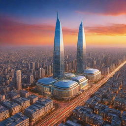 Futuristic cityscape of Iran in the year 2999, with high-tech skyscrapers, futuristic transportation, advanced technology integrated into traditional architecture, under a vibrant sunset sky.