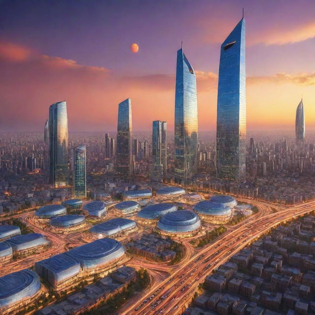 Futuristic cityscape of Iran in the year 2999, with high-tech skyscrapers, futuristic transportation, advanced technology integrated into traditional architecture, under a vibrant sunset sky.