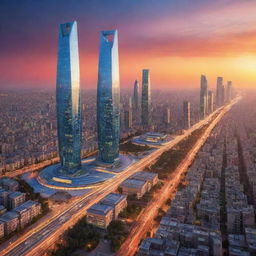 Futuristic cityscape of Iran in the year 2999, with high-tech skyscrapers, futuristic transportation, advanced technology integrated into traditional architecture, under a vibrant sunset sky.