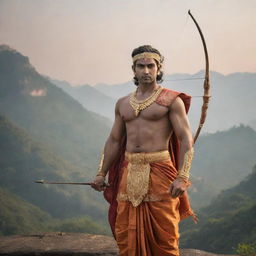 Lord Ram in traditional attire, standing with his bow and arrow against a backdrop of calm yet majestic surroundings.