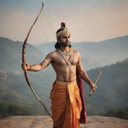 Lord Ram in traditional attire, standing with his bow and arrow against a backdrop of calm yet majestic surroundings.