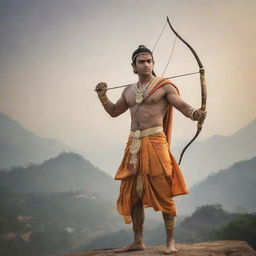 Lord Ram in traditional attire, standing with his bow and arrow against a backdrop of calm yet majestic surroundings.