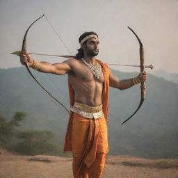 Lord Ram in traditional attire, standing with his bow and arrow against a backdrop of calm yet majestic surroundings.