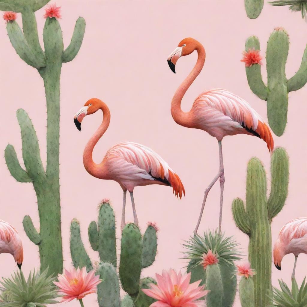 Background image featuring flamboyant flamingos with whimsical cactuses around the borders