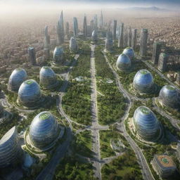 Futuristic view of Iran in 2038 with advanced buildings, clean energy sources, busy but organized roads and lush green parks.