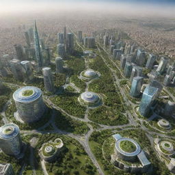 Futuristic view of Iran in 2038 with advanced buildings, clean energy sources, busy but organized roads and lush green parks.